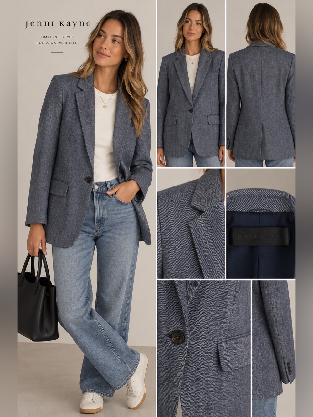 Jenni Kayne Navy Herringbone One Button Blazer Jacket Size Small